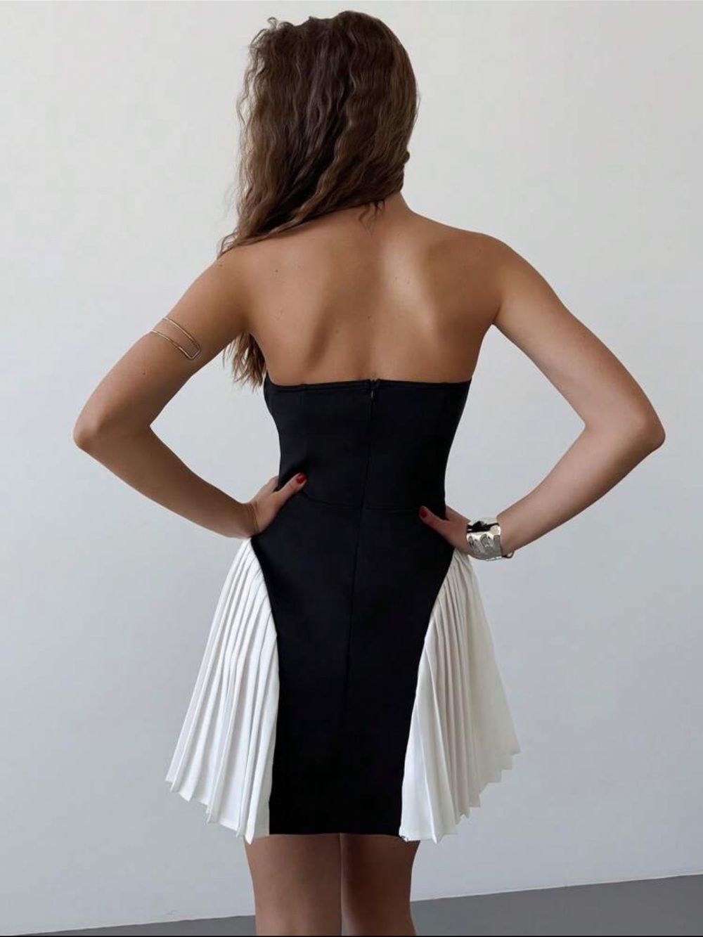 Strapless Black & White Pleated Mini Dress - Picture 2 of 6